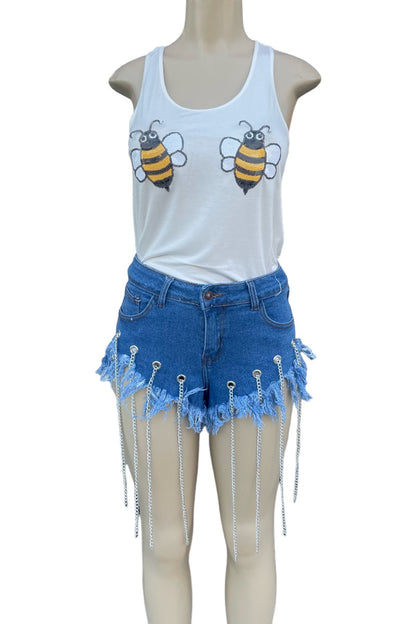 Raw Trim Chain Tassel Denim Shorts