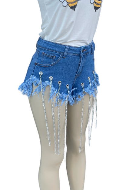 Raw Trim Chain Tassel Denim Shorts