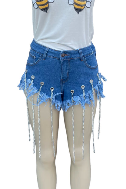 Raw Trim Chain Tassel Denim Shorts