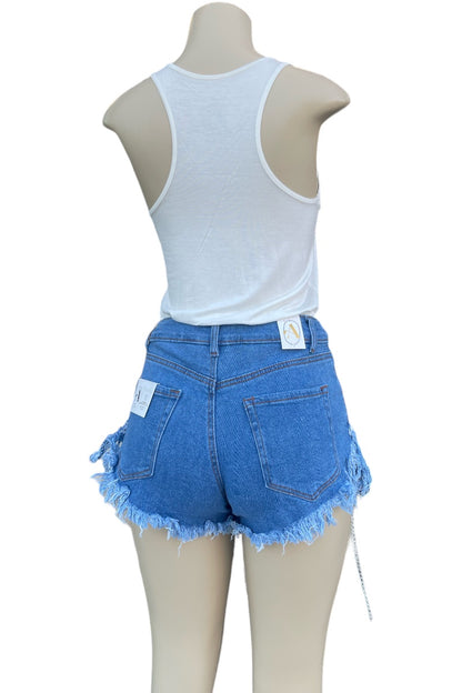 Raw Trim Chain Tassel Denim Shorts