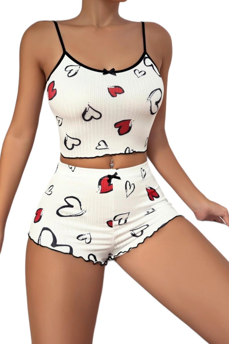 Heart Print Crinkled Shorts Set