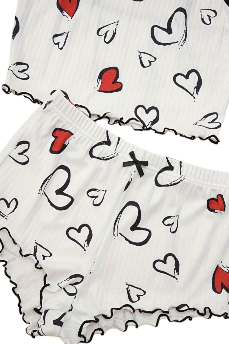 Heart Print Crinkled Shorts Set