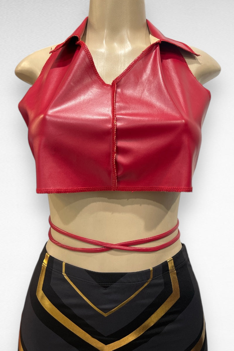 Reversed Seams Collar Lace Up Crop Top - Red