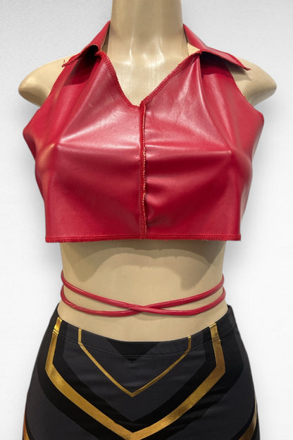 Reversed Seams Collar Lace Up Crop Top - Red