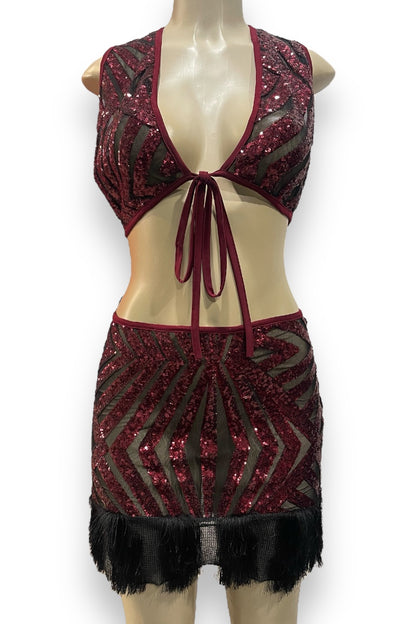 Sequin Fringe Self Tie Set -Burgundy