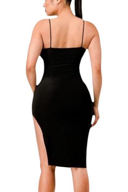 V Lace Neck Ruched Dress - Black