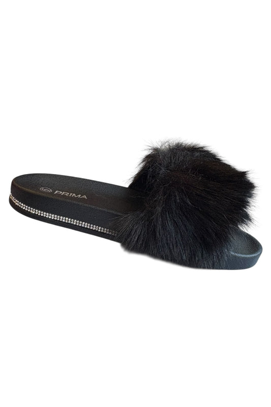 Black slide sandal with fur pom-pom on a white background