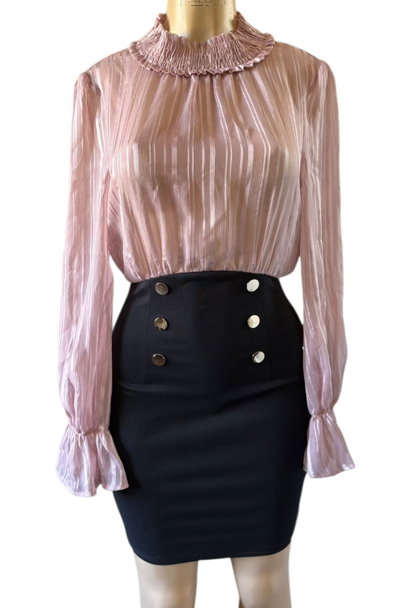 Pleated Mock Neck Blouse & Button Mini Skirt Dress #ID66547