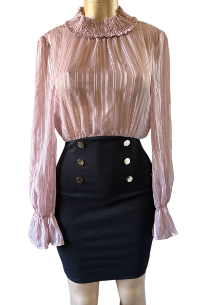 Pleated Mock Neck Blouse & Button Mini Skirt Dress #ID66547