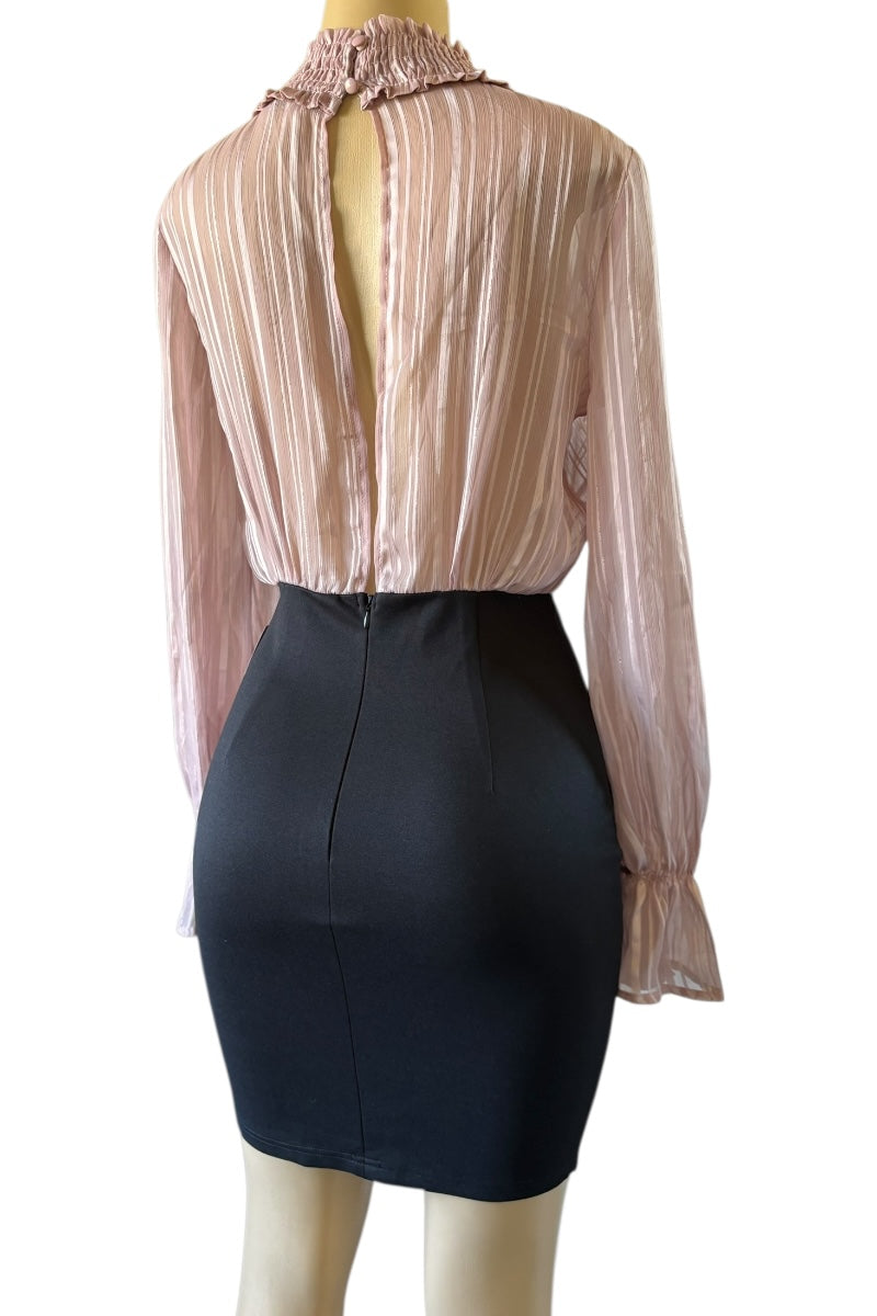 Pleated Mock Neck Blouse & Button Mini Skirt Dress #ID66547