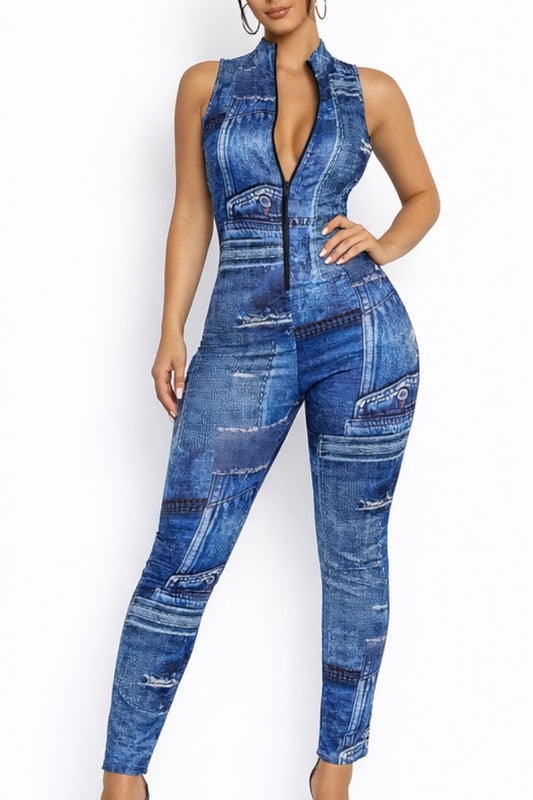 Patchwork Edge Zip Jumpsuit #D2369