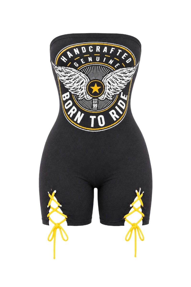 Born to Ride Strapless Lace-Up Biker Romper #D2328