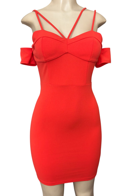 Rust dress with bow details on a mannequin against a white background