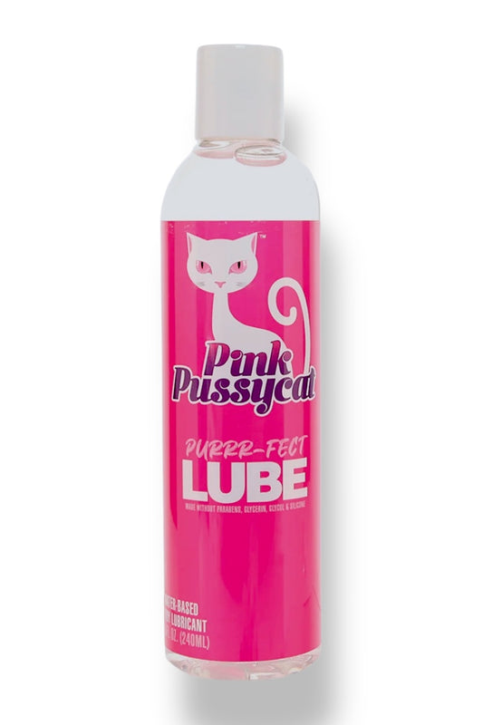 Pink bottle of Pussycat Purr-Feet Lube on a white background