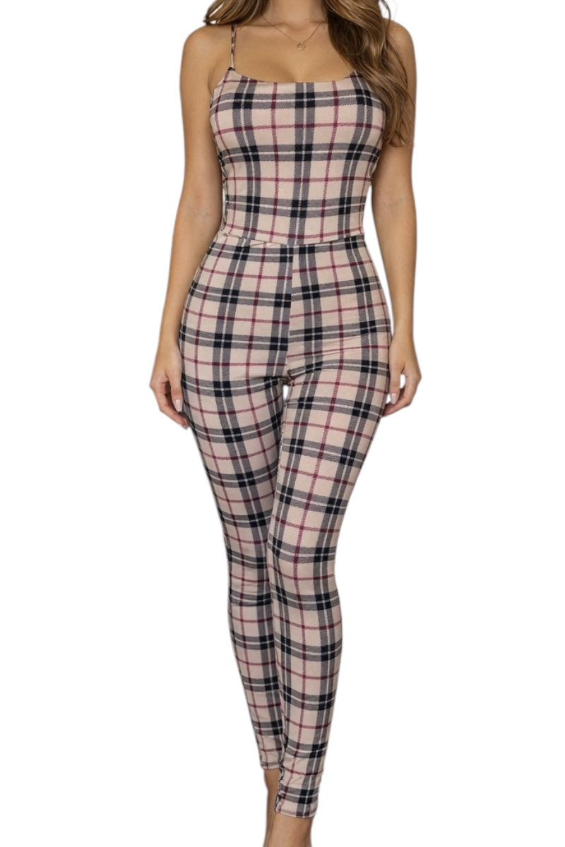 Plaid jumpsuit worn by a model on a white background