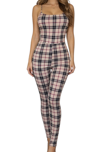 Plaid jumpsuit worn by a model on a white background