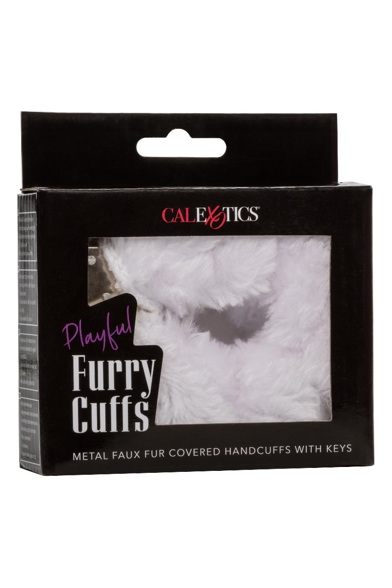 Box of Calexotics Furry Cuffs with metal faux fur covered handcuffs and keys on a white background