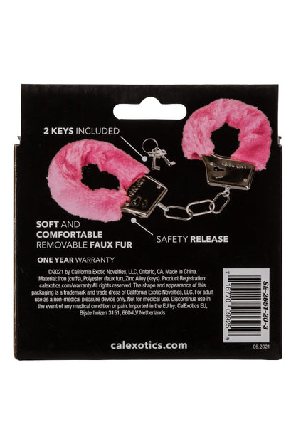 Pink faux fur handcuffs with keys on a black Calexotics packaging