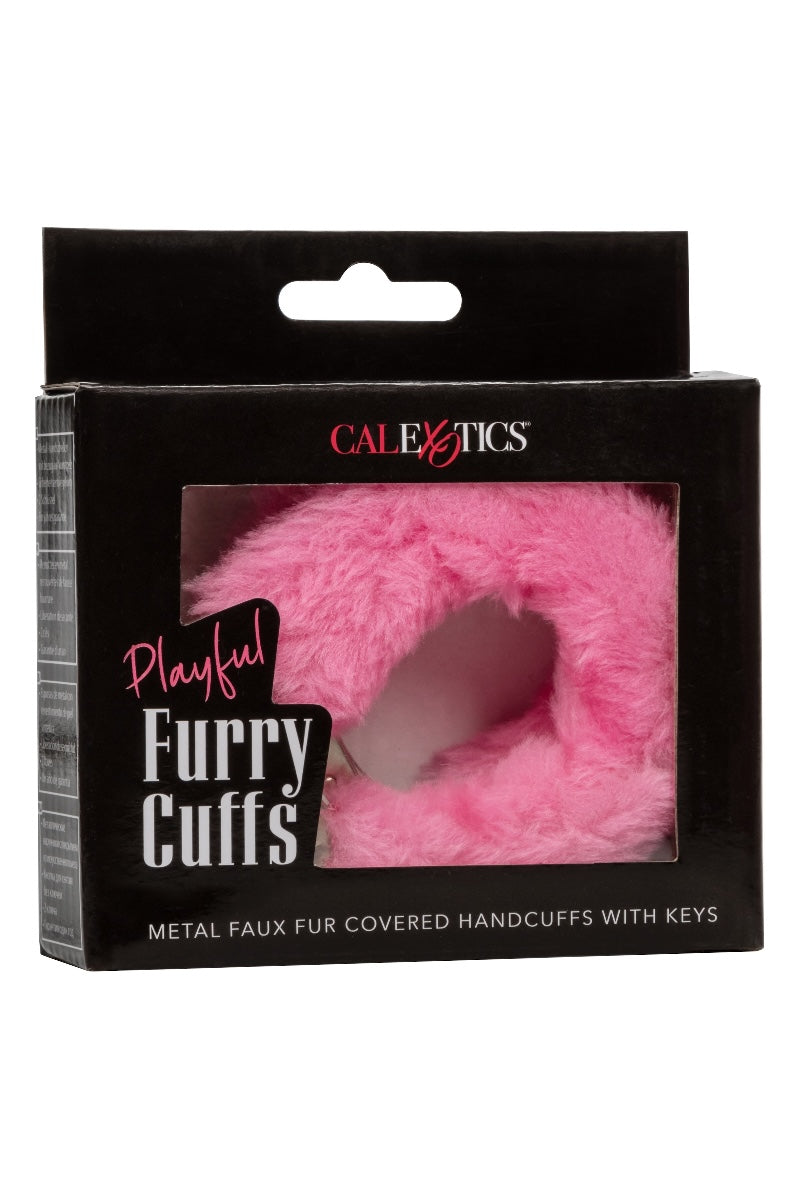Pink faux fur covered hand cuffs in packaging with 'Calexotics' branding on a white background.
