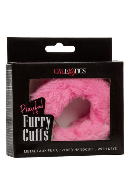 Pink faux fur covered hand cuffs in packaging with 'Calexotics' branding on a white background.