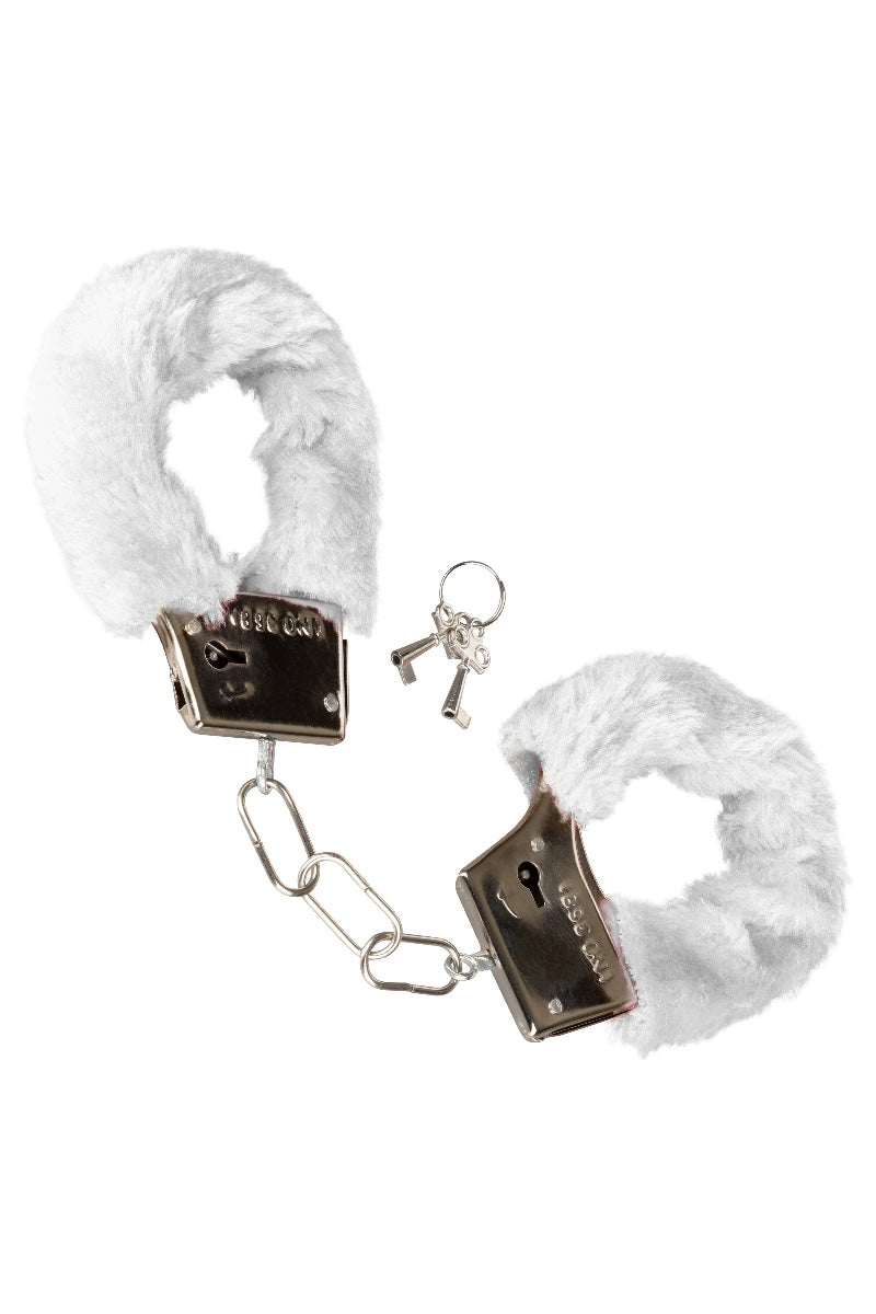 Fluffy white scrunchie with metal lock and key charm on a white background