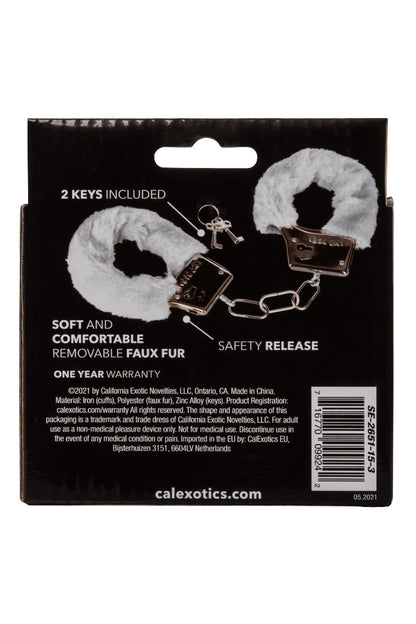 Product packaging for a set of handcuffs with soft faux fur, keys, and safety release mechanism.