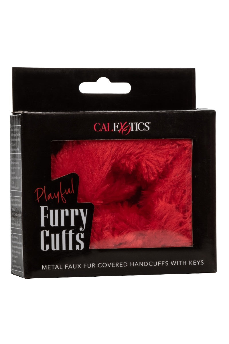 Red faux fur cuffs packaging with 'Calexotics' branding on a white background