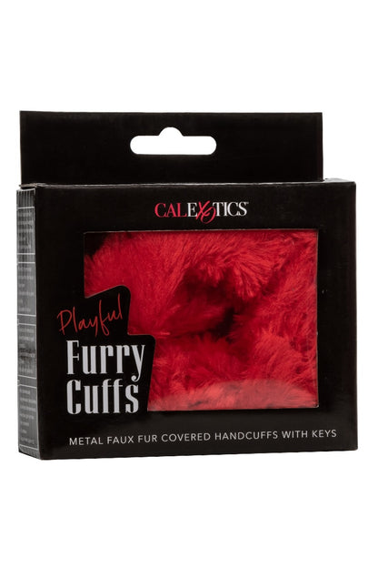 Red faux fur cuffs packaging with 'Calexotics' branding on a white background