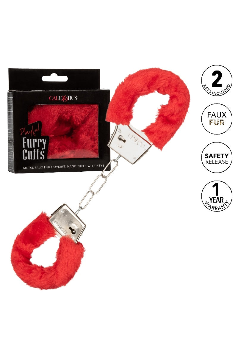 Red faux fur handcuffs with packaging on a white background