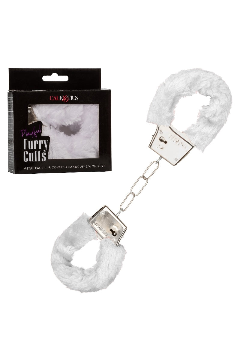 White furry cuffs with packaging on a white background