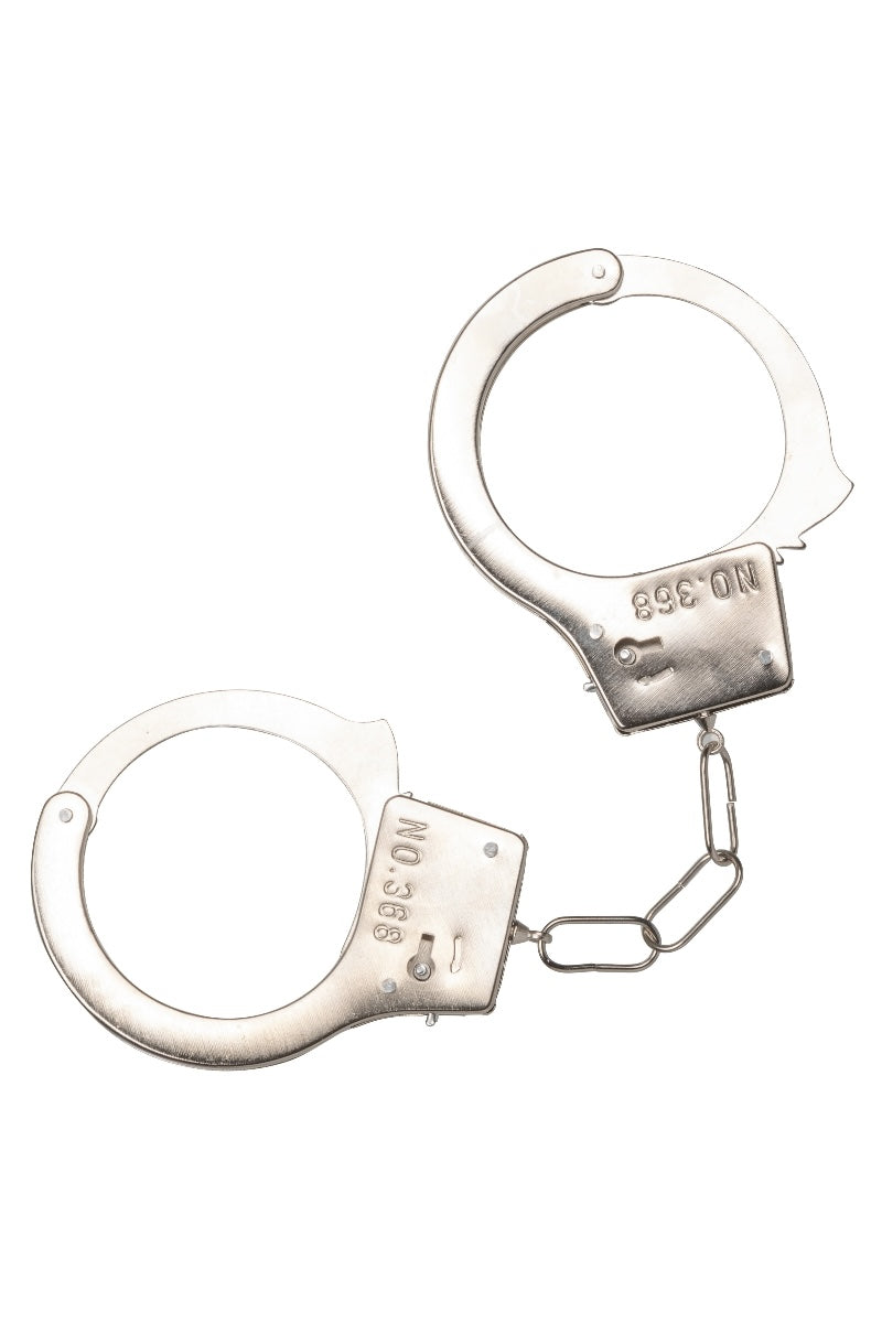 Metallic handcuffs on a white background