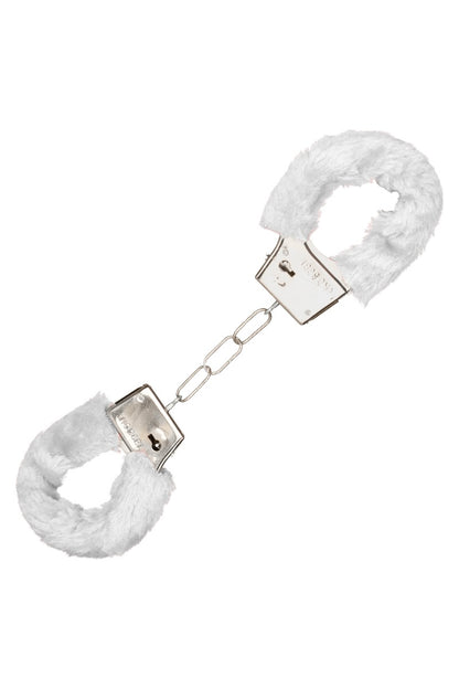 White fluffy handcuffs on a white background