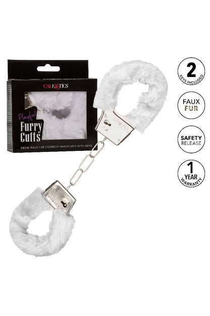 White faux fur handcuffs with packaging on a white background