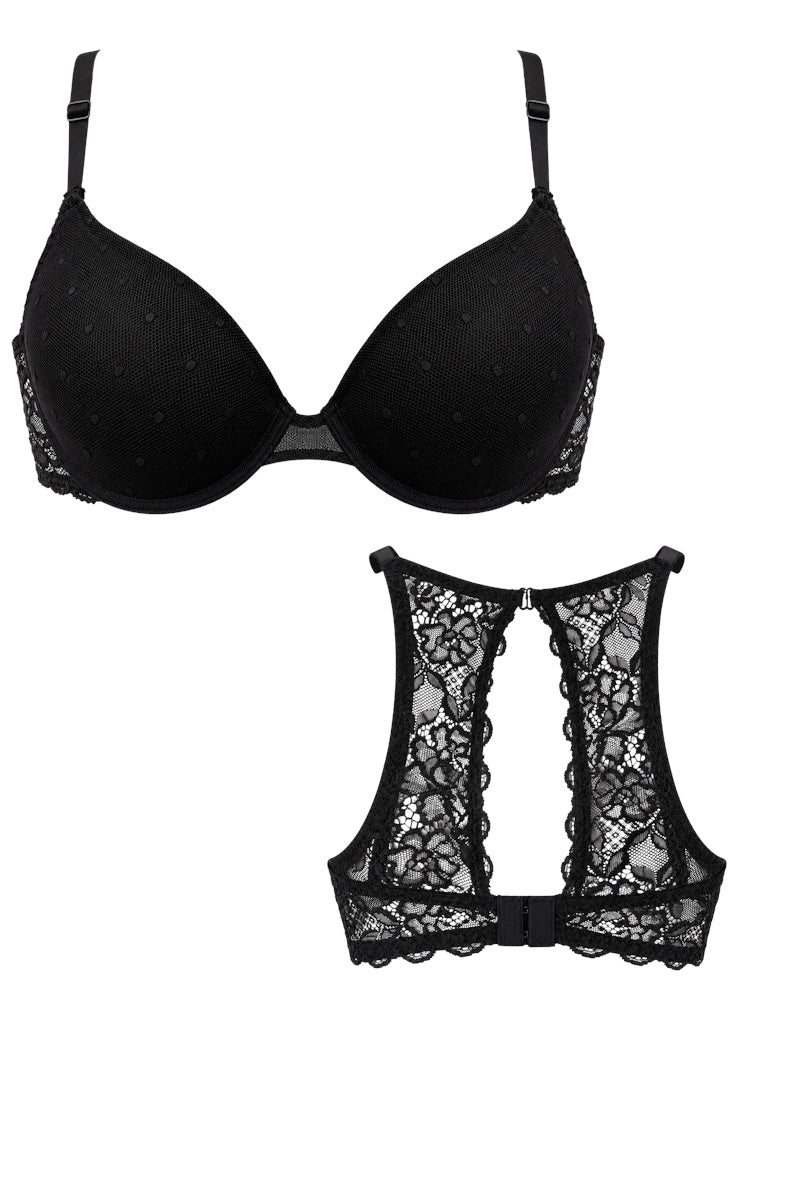 Front and Back of a lace Bra shown on a white background. 
