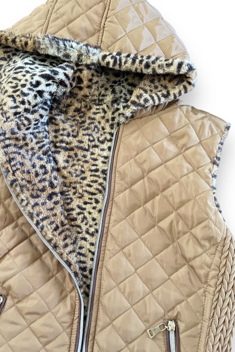 Print Faux Fur Lined Hooded Puffer Jacket Vest