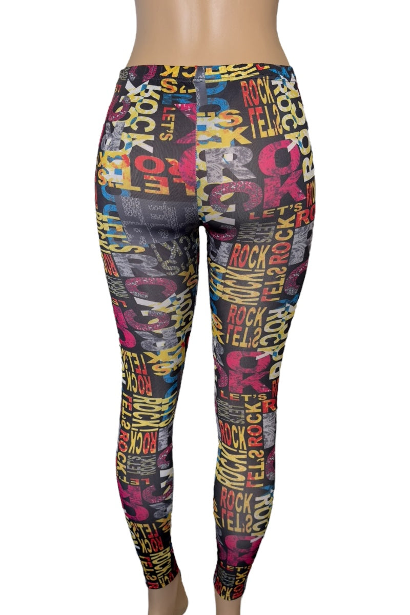 Multicolored leggings with 'Rock' text pattern on a white background