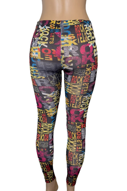 Multicolored leggings with 'Rock' text pattern on a white background
