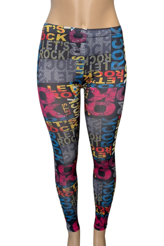 Leggings with 'Let's Rock' and guitar graphic design on a white background