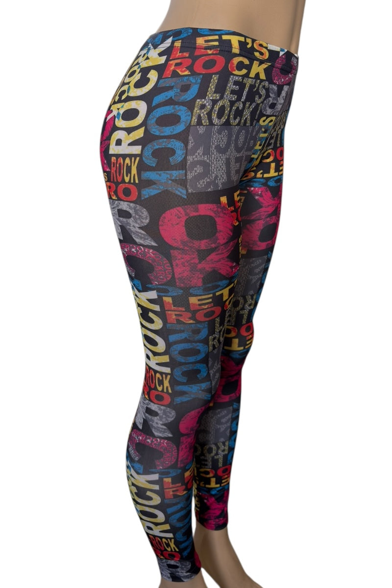 Leggings with 'Let's Rock' text pattern on a white background
