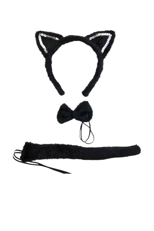 Black cat ears headband, black bow tie, and black paw-shaped tail on a white background
