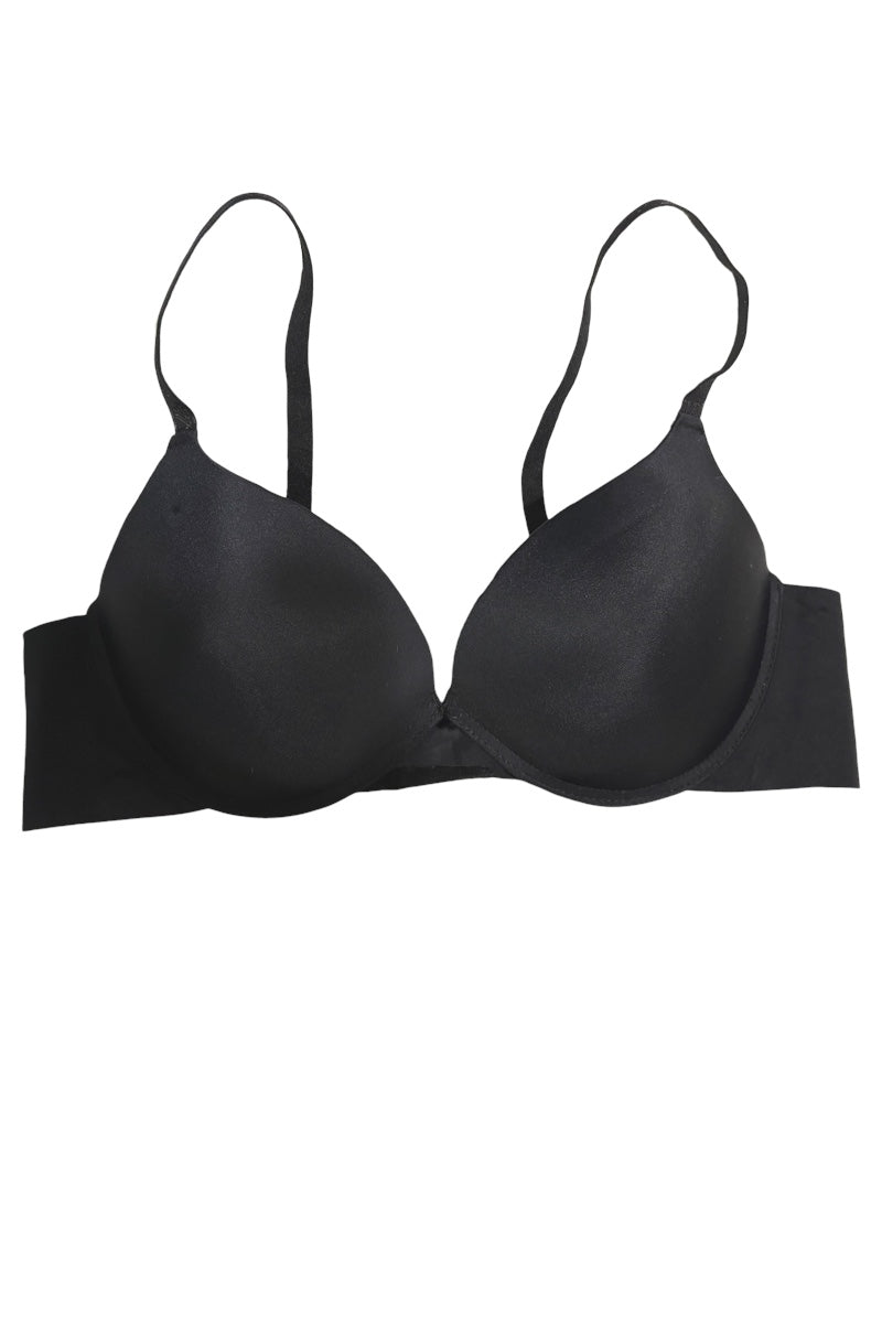 A black seamless underwire bra with wide shoulder straps and a wide band under the cups, shown flat against a white background.