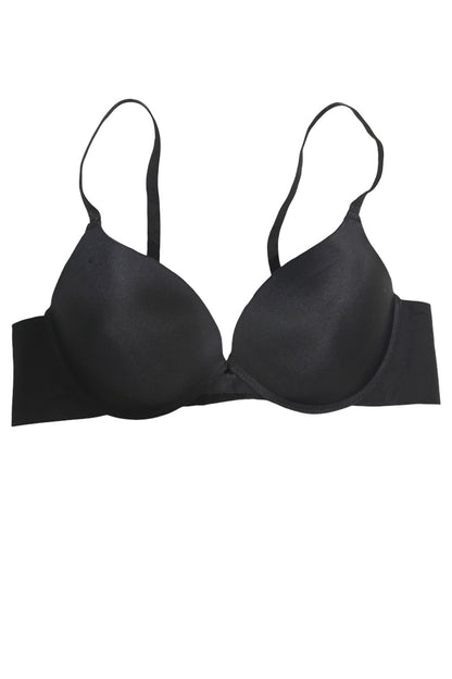 A black seamless underwire bra with wide shoulder straps and a wide band under the cups, shown flat against a white background.