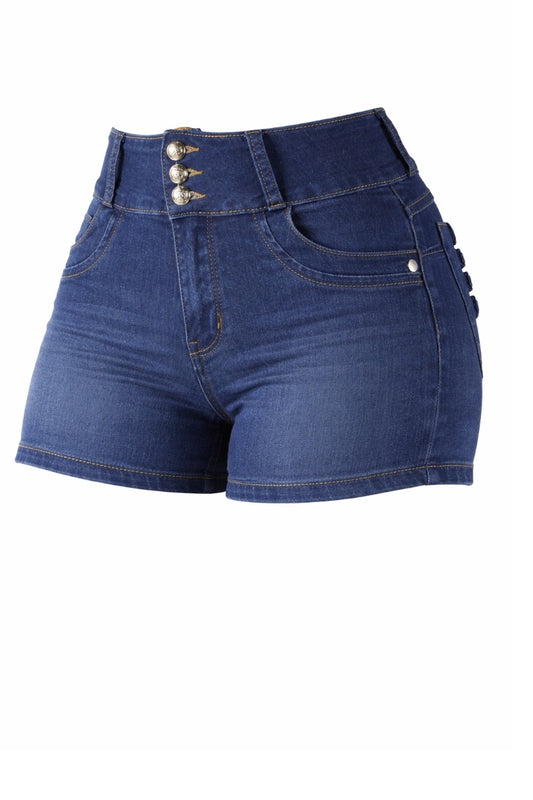 Blue denim shorts on a white background