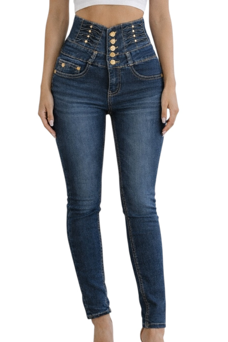 Blue jeans with decorative buttons on a white background