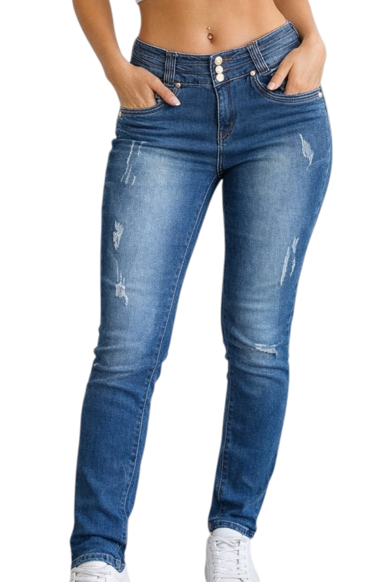 Blue jeans with slight distressing on a white background