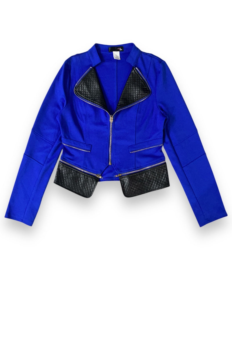 Quilted PU Detail Zipper Trim Biker Jacket