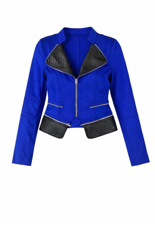 Blue jacket with black leather accents on a white background