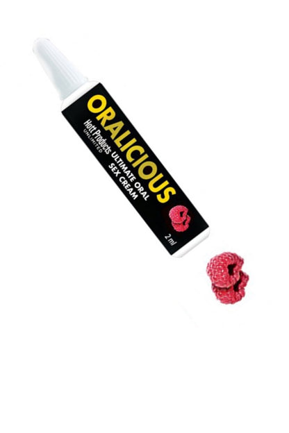 Tube of 'Oralicious' cream with a raspberry on a white background