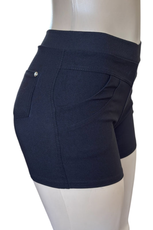 black shorts on a mannequin against a white background