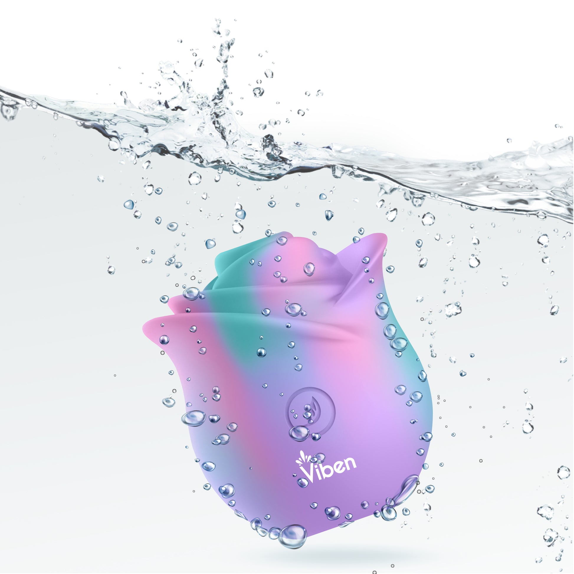 Colorful silicone product with 'Viben' branding submerged in water